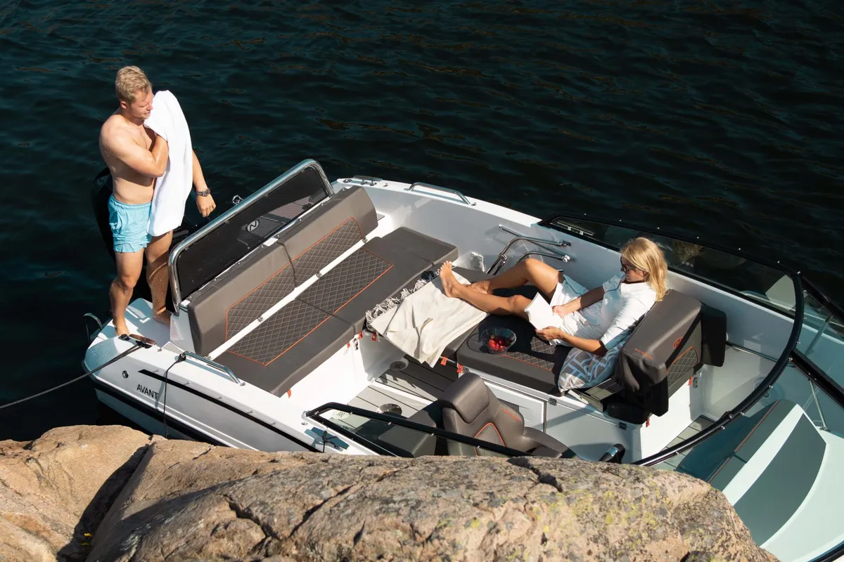 Deck of Iris, a Nordkapp Avant 705 motorboat at Alyki, Greece
