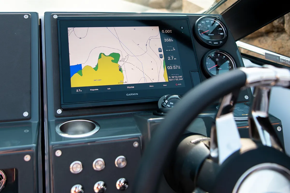 Cockpit of Iris, a Nordkapp Avant 705 motorboat at Alyki, Greece