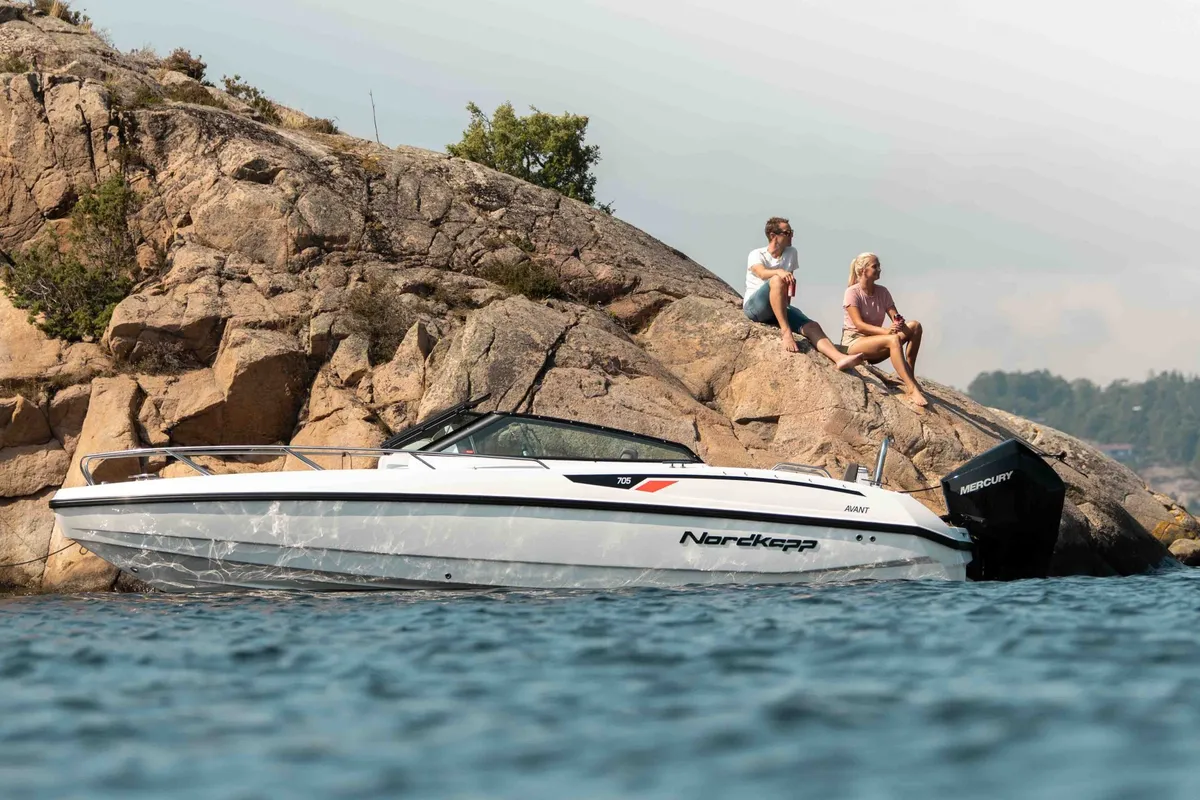 Exterior view of Iris, a Nordkapp Avant 705 motorboat at Alyki, Greece