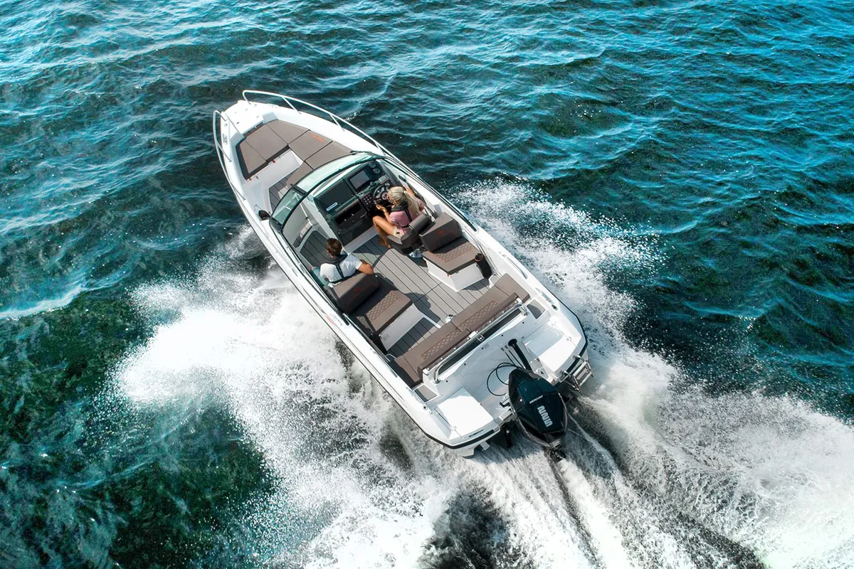 Exterior view of Iris, a Nordkapp Avant 705 motorboat at Alyki, Greece