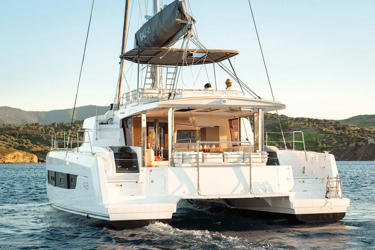 Exterior view of Luna, a Bali 4.8 catamaran at Marmaris, Turkey