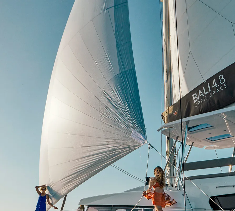 Exterior view of Luna, a Bali 4.8 catamaran at Marmaris, Turkey