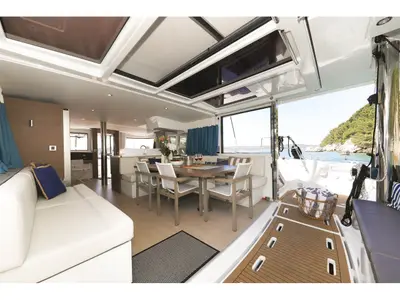 Salon of Luna, a Bali 4.8 catamaran at Marmaris, Turkey