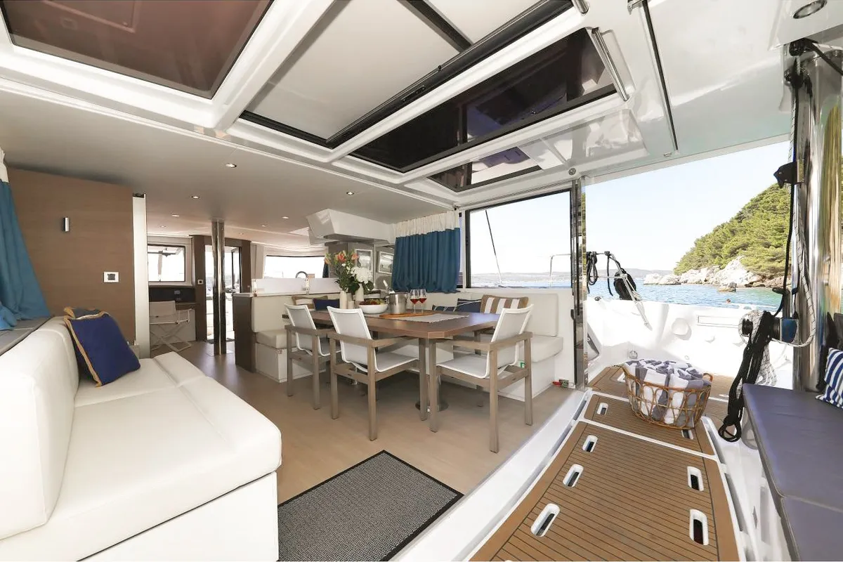 Salon of Luna, a Bali 4.8 catamaran at Marmaris, Turkey