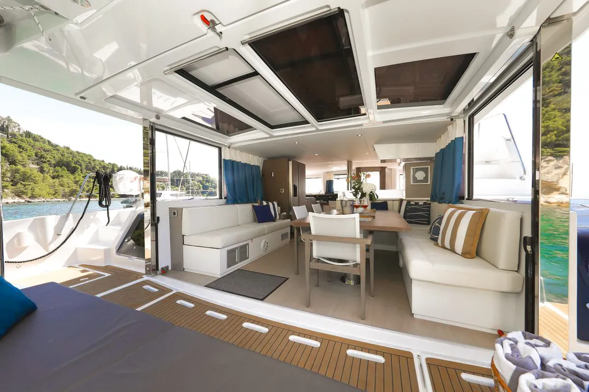 Salon of Luna, a Bali 4.8 catamaran at Marmaris, Turkey