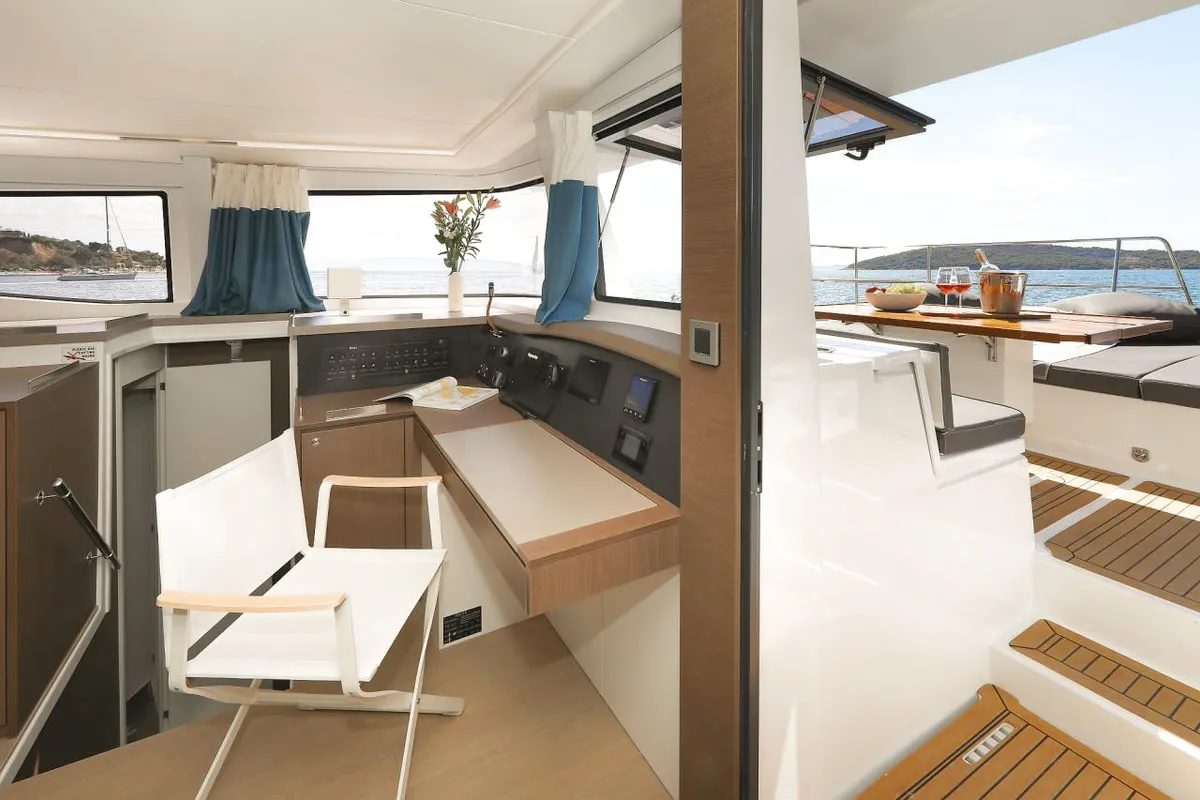Salon of Luna, a Bali 4.8 catamaran at Marmaris, Turkey