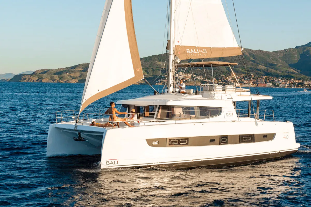 Exterior view of Luna, a Bali 4.8 catamaran at Marmaris, Turkey