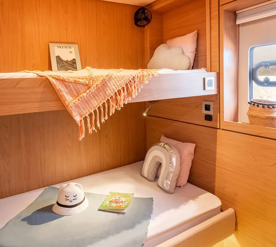 Cabin on Luna, a Bali 4.8 catamaran at Marmaris, Turkey