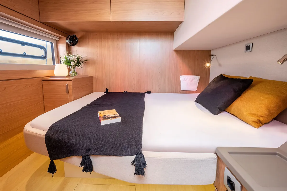 Cabin on Luna, a Bali 4.8 catamaran at Marmaris, Turkey