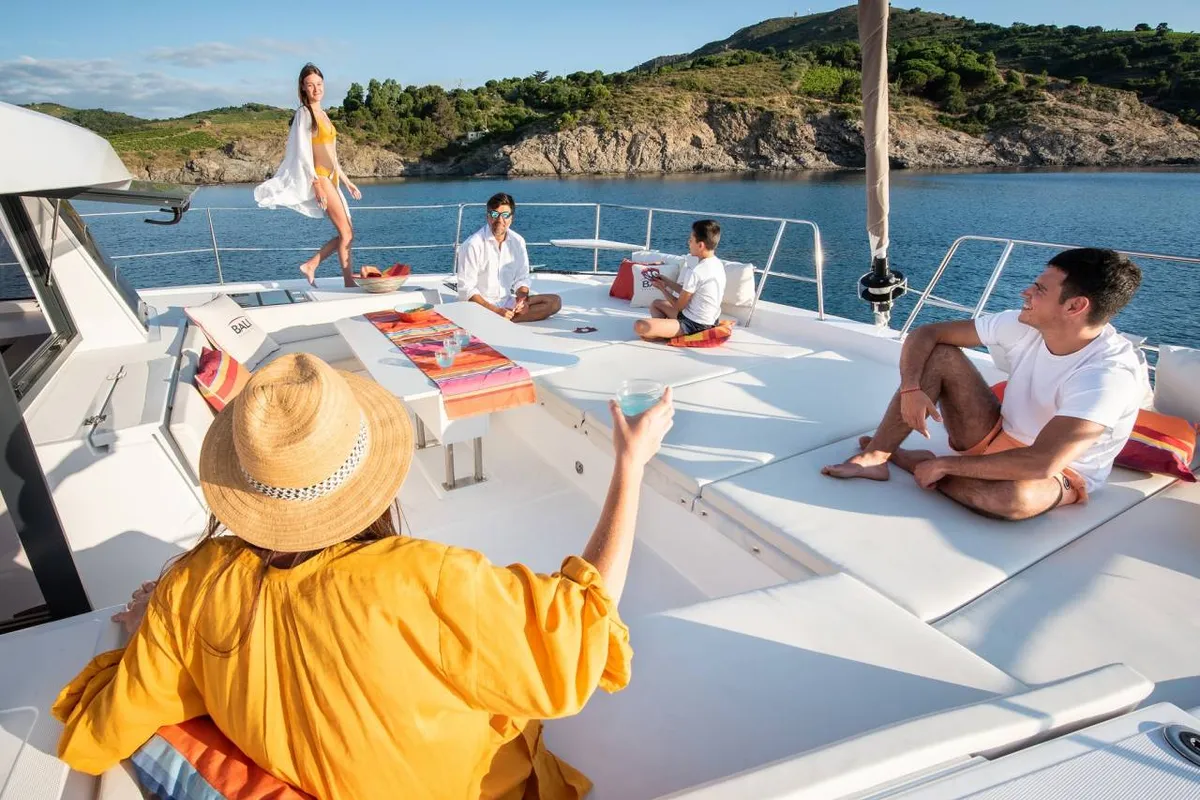 Deck of Luna, a Bali 4.8 catamaran at Marmaris, Turkey
