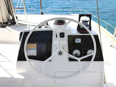 Cockpit of Luna, a Bali 4.8 catamaran at Marmaris, Turkey