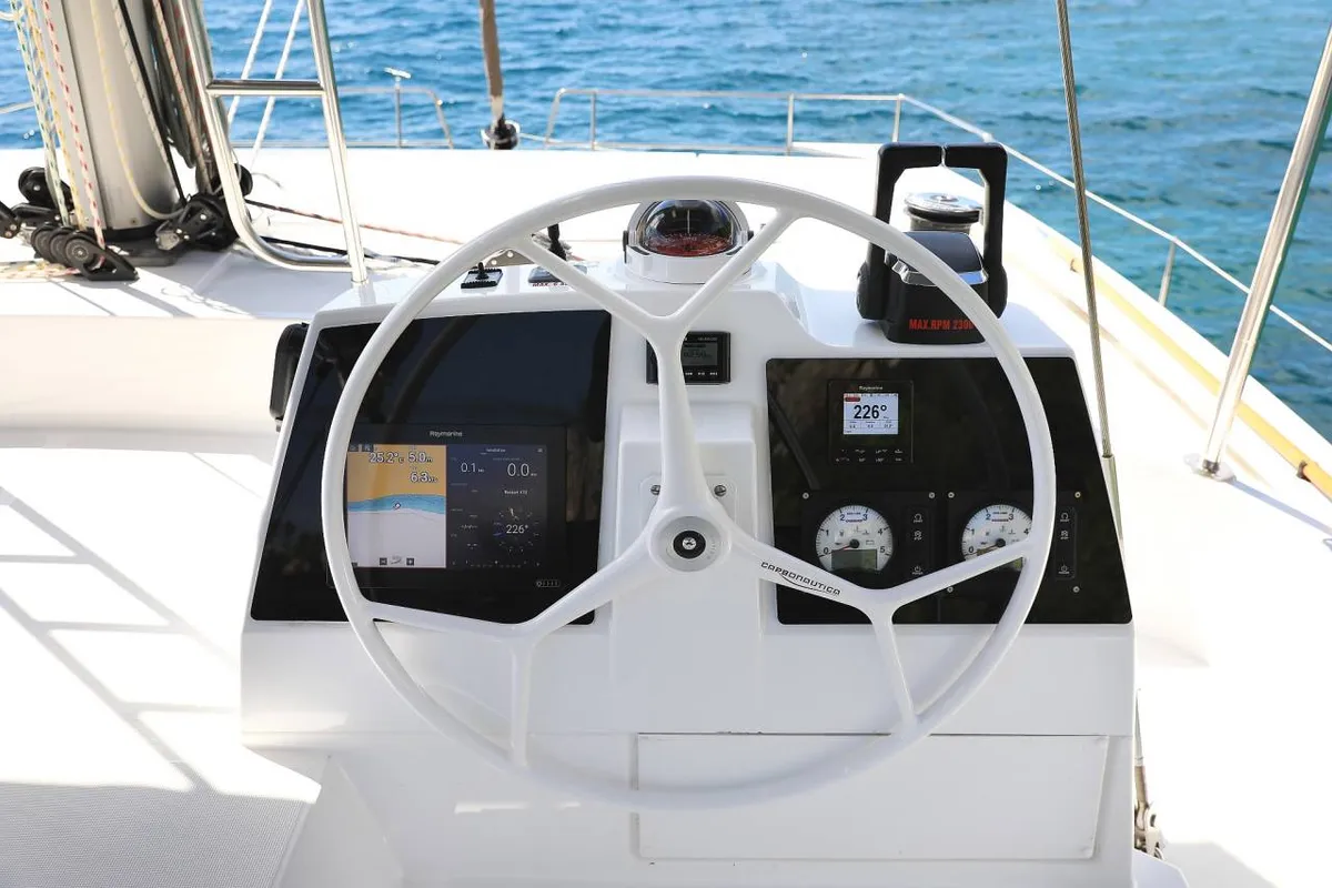 Cockpit of Luna, a Bali 4.8 catamaran at Marmaris, Turkey