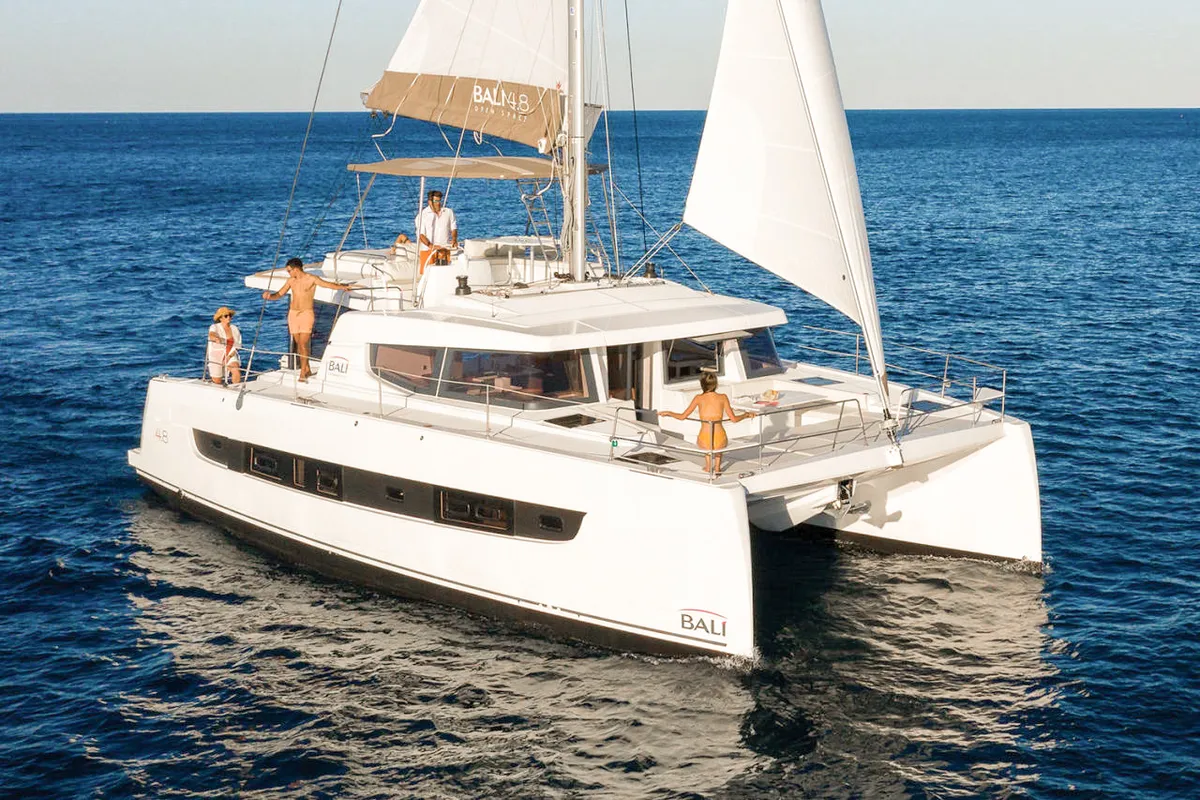 Exterior view of Luna, a Bali 4.8 catamaran at Marmaris, Turkey