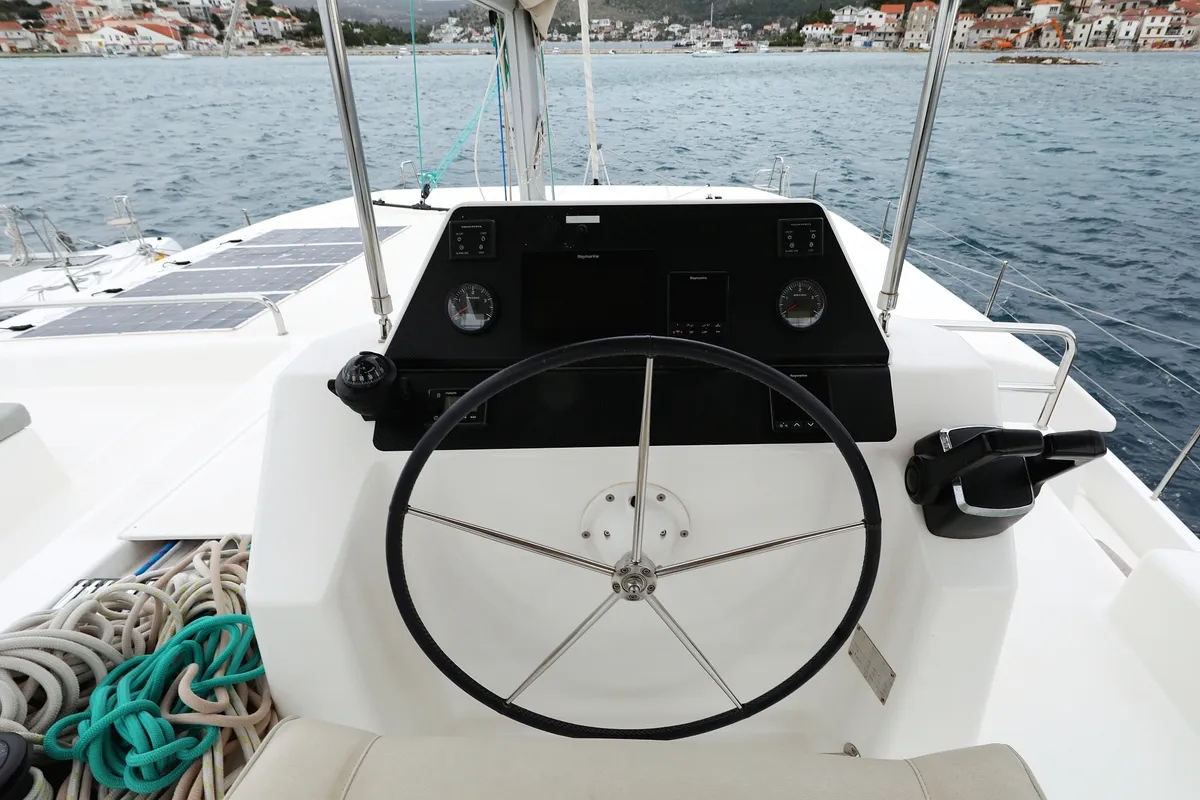 Cockpit of Believe, a Dufour 48 Catamaran catamaran at Vodice, Croatia