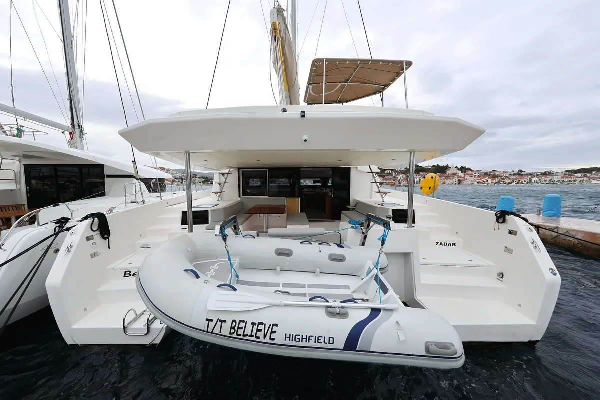 Exterior view of Believe, a Dufour 48 Catamaran catamaran at Vodice, Croatia