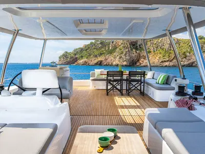 Cockpit of Sofia, a Lagoon 60 catamaran at Olbia, Italy