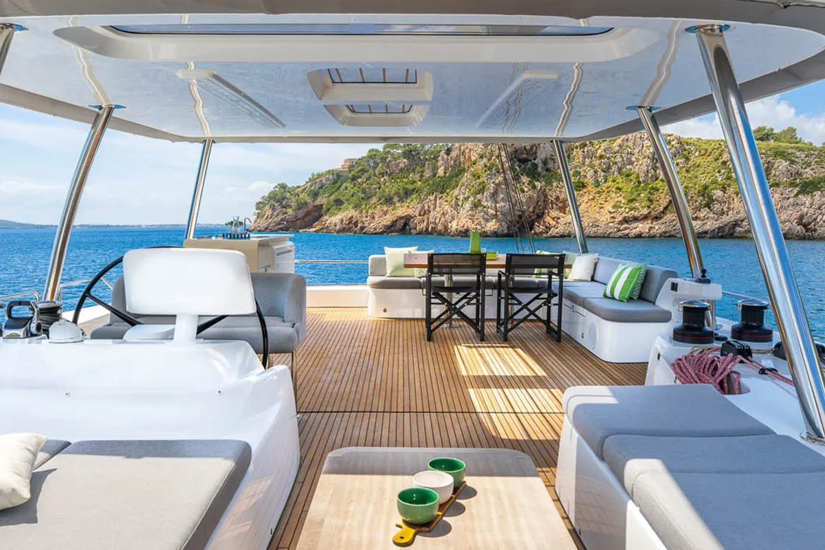Cockpit of Sofia, a Lagoon 60 catamaran at Olbia, Italy