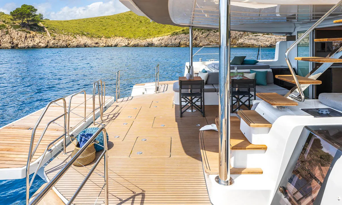 Deck of Sofia, a Lagoon 60 catamaran at Olbia, Italy
