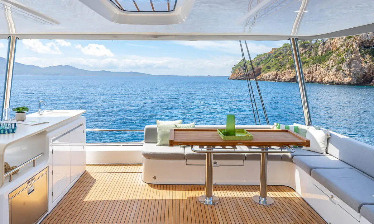 Deck of Sofia, a Lagoon 60 catamaran at Olbia, Italy