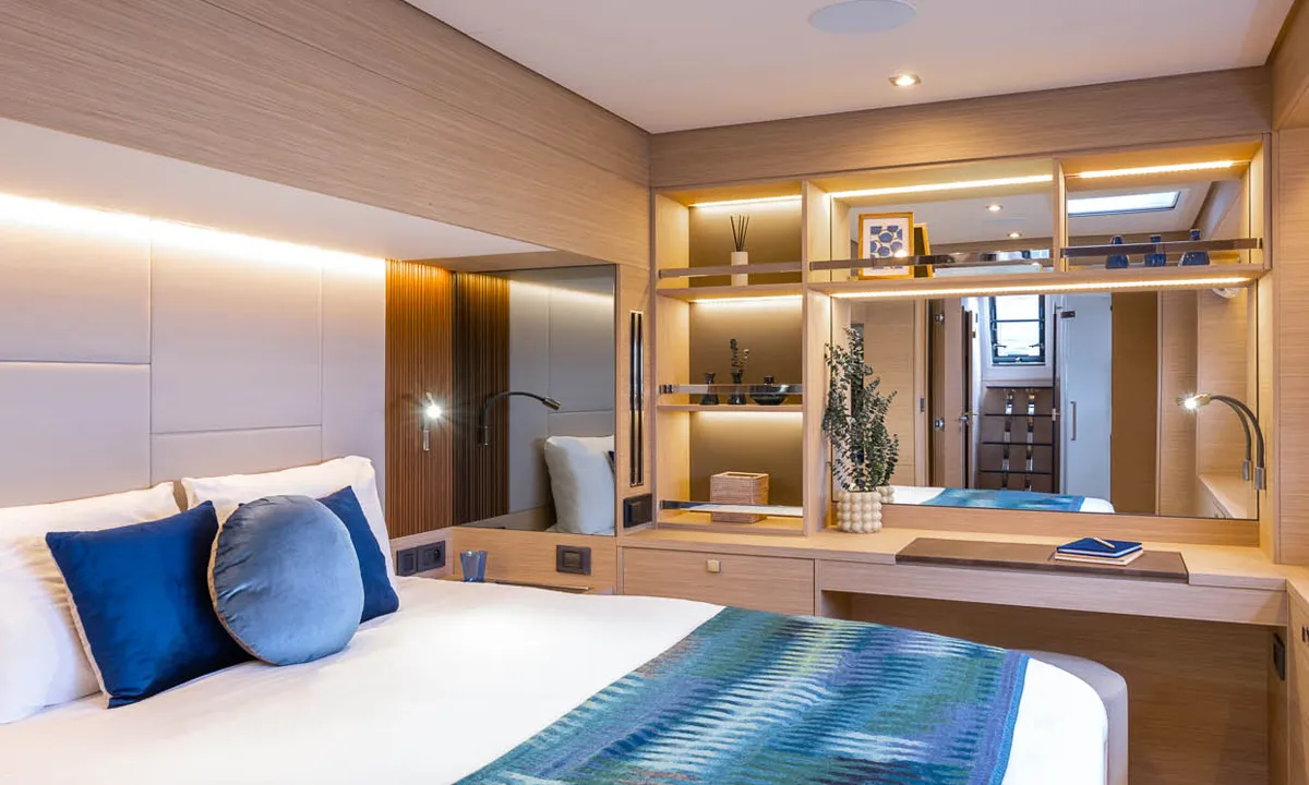 Cabin on Sofia, a Lagoon 60 catamaran at Olbia, Italy