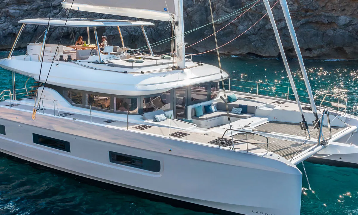 Exterior view of Sofia, a Lagoon 60 catamaran at Olbia, Italy