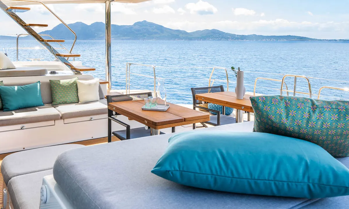 Deck of Sofia, a Lagoon 60 catamaran at Olbia, Italy