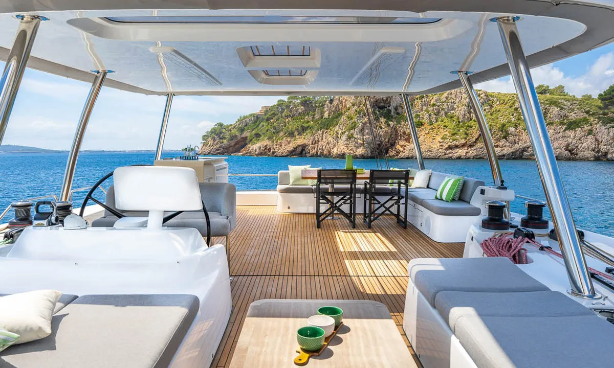 Cockpit of Sofia, a Lagoon 60 catamaran at Olbia, Italy