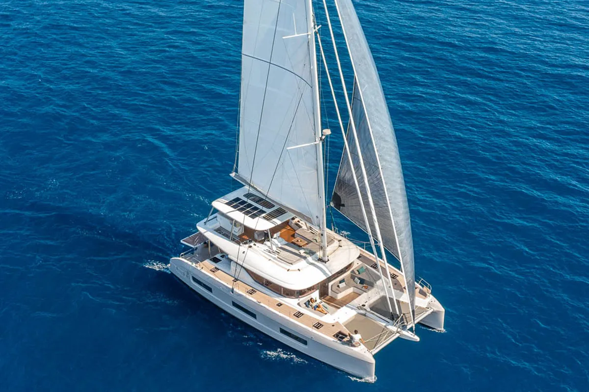 Exterior view of Sofia, a Lagoon 60 catamaran at Olbia, Italy