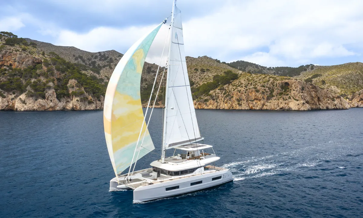 Exterior view of Sofia, a Lagoon 60 catamaran at Olbia, Italy