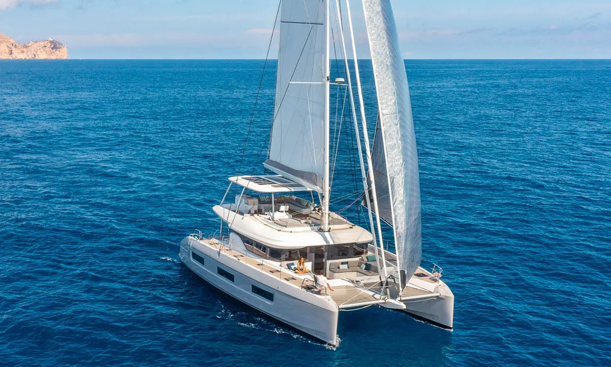 Exterior view of Sofia, a Lagoon 60 catamaran at Olbia, Italy