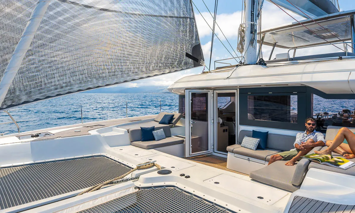 Deck of Sofia, a Lagoon 60 catamaran at Olbia, Italy