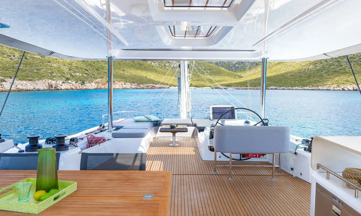 Cockpit of Sofia, a Lagoon 60 catamaran at Olbia, Italy