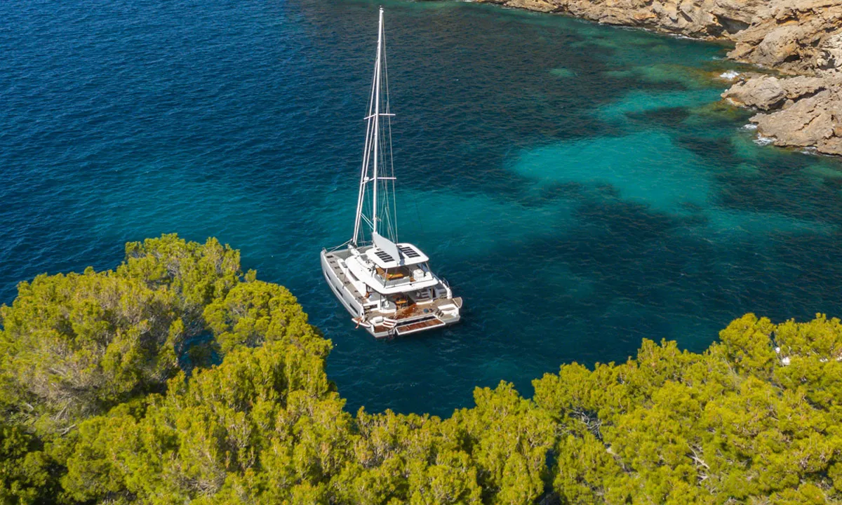 Exterior view of Sofia, a Lagoon 60 catamaran at Olbia, Italy