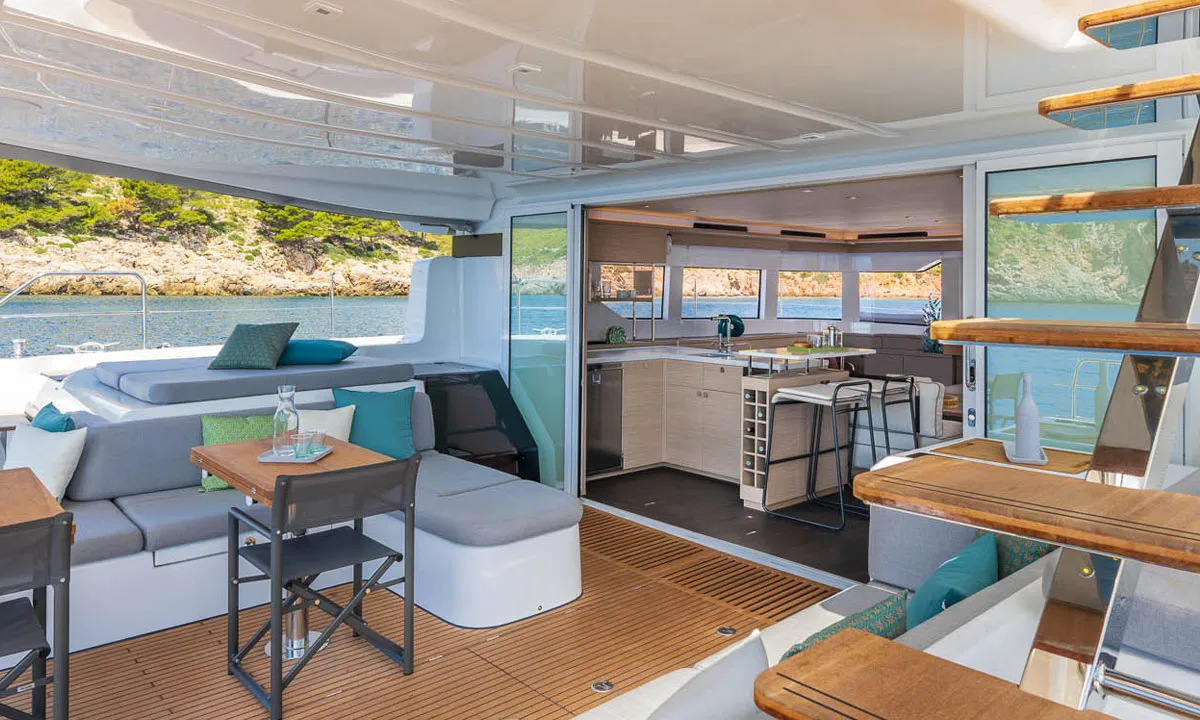 Deck of Sofia, a Lagoon 60 catamaran at Olbia, Italy