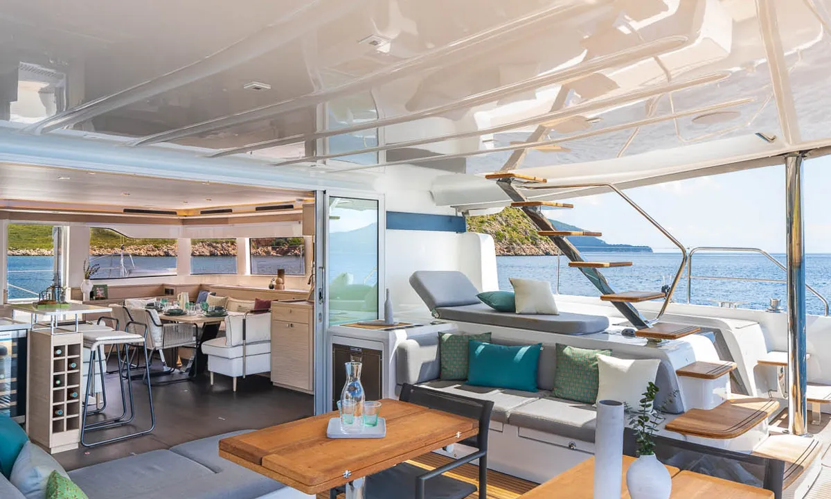 Deck of Sofia, a Lagoon 60 catamaran at Olbia, Italy