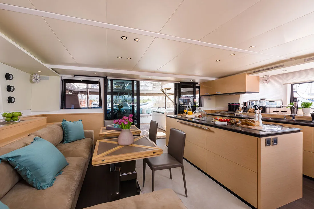 Salon of Opal, a Lagoon 620 catamaran at Split, Croatia