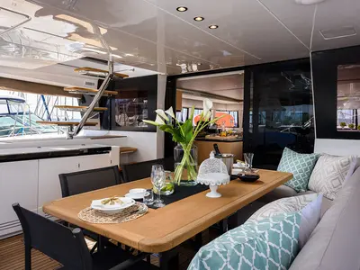 Salon of Opal, a Lagoon 620 catamaran at Split, Croatia