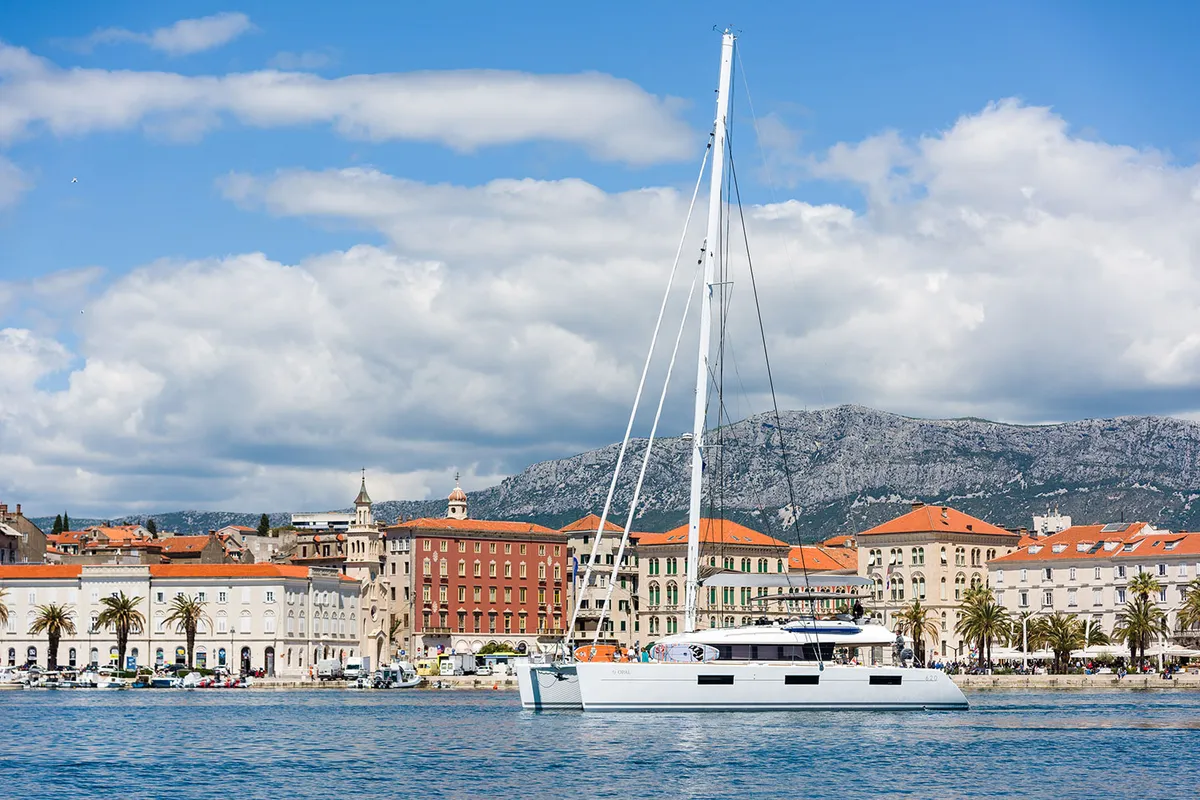 Exterior view of Opal, a Lagoon 620 catamaran at Split, Croatia