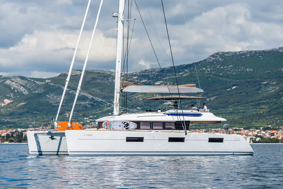 Exterior view of Opal, a Lagoon 620 catamaran at Split, Croatia