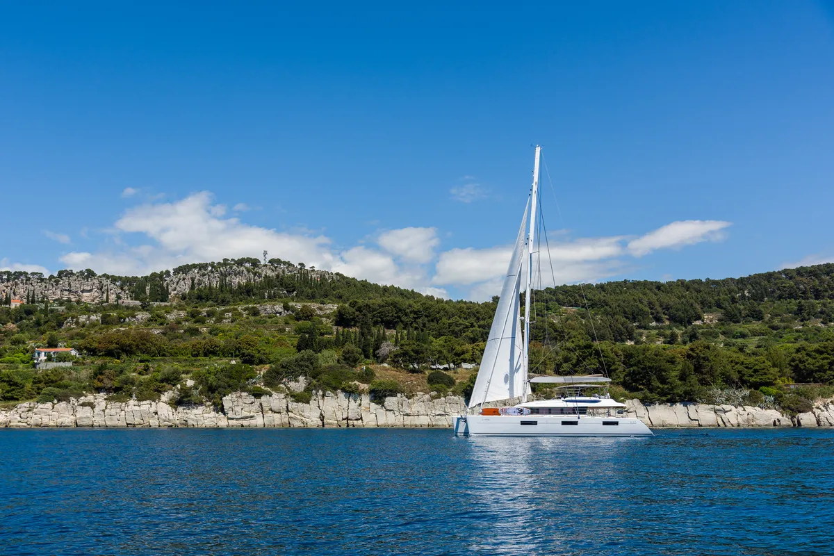 Exterior view of Opal, a Lagoon 620 catamaran at Split, Croatia