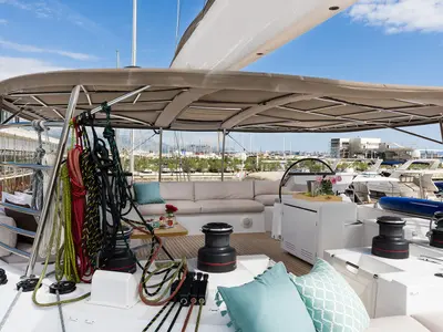 Cockpit of Opal, a Lagoon 620 catamaran at Split, Croatia