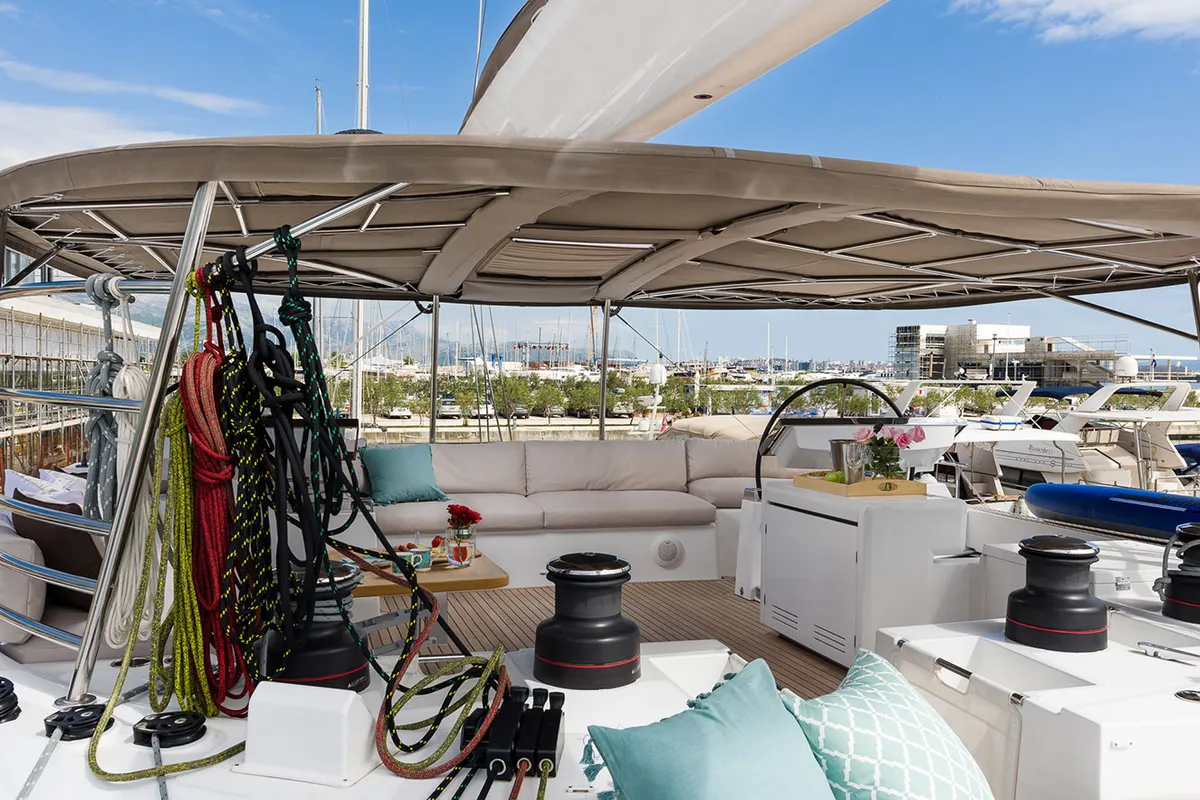 Cockpit of Opal, a Lagoon 620 catamaran at Split, Croatia