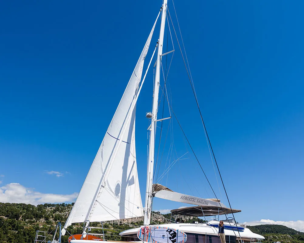 Exterior view of Opal, a Lagoon 620 catamaran at Split, Croatia