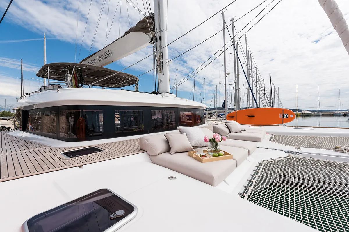Exterior view of Opal, a Lagoon 620 catamaran at Split, Croatia