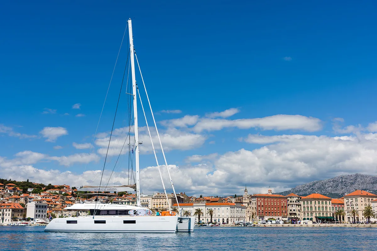 Deck of Opal, a Lagoon 620 catamaran at Split, Croatia