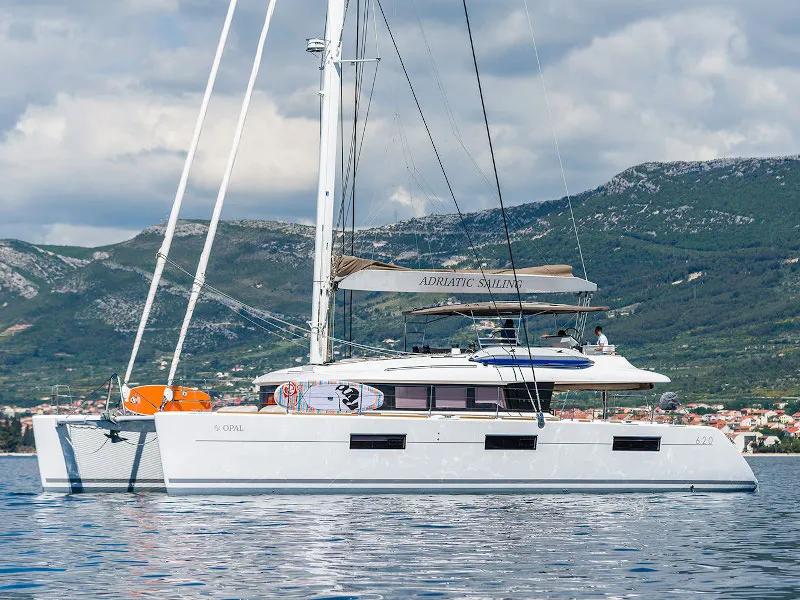 Exterior view of Opal, a Lagoon 620 catamaran at Split, Croatia