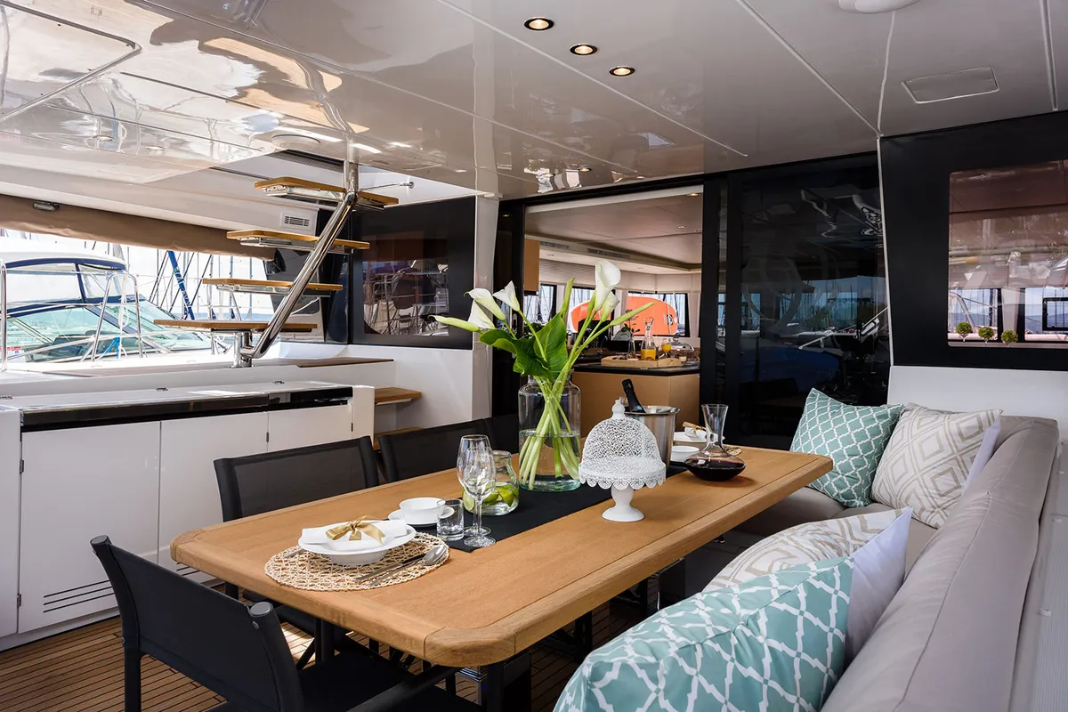 Salon of Opal, a Lagoon 620 catamaran at Split, Croatia