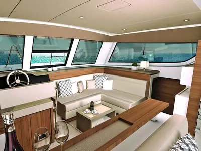 Salon of Double Four, a Bali Catspace catamaran at Kalkara, Malta