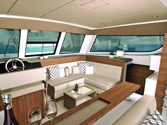 Salon of Double Four, a Bali Catspace catamaran at Kalkara, Malta