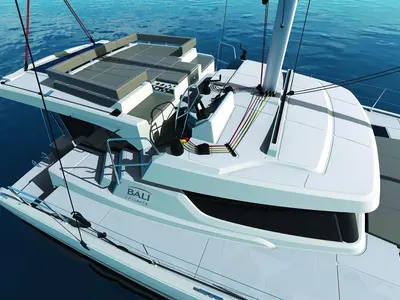 Deck of Double Four, a Bali Catspace catamaran at Kalkara, Malta